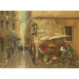 Italian School, mid-late 20th century- Vegetable stall on a street corner; oil on board, signed,