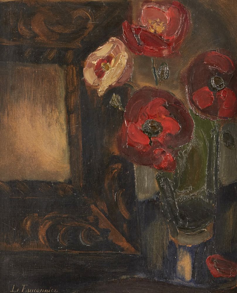 Henri Le Fauconnier, French 1881-1946- Still life with poppies in a vase and a picture frame,