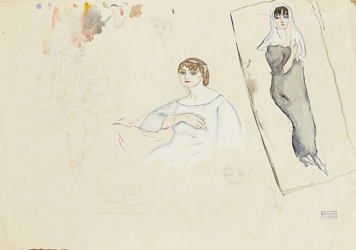 Jules Pascin, Bulgarian/American 1885-1930- Etudes de figures (studies of figures); watercolour, ink