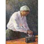 Titov Yaroslav Viktorovich, Russian,1906-2000- Ironing Woman; oil on canvas, signed and inscribed in
