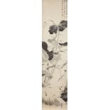 20th century Chinese School, ink and colour on paper, hanging scroll, heron and lotus, 233cm x