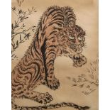 20th century Japanese School, ink and colour on paper, study of a prowling tiger, 27cm x 21cm (