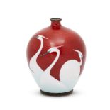 A Japanese enamel vase, late Meiji/ Taisho period, with flared rim to a globular body, decorated