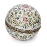 A Chinese Canton painted enamel spherical box, Qianlong period, decorated with meandering