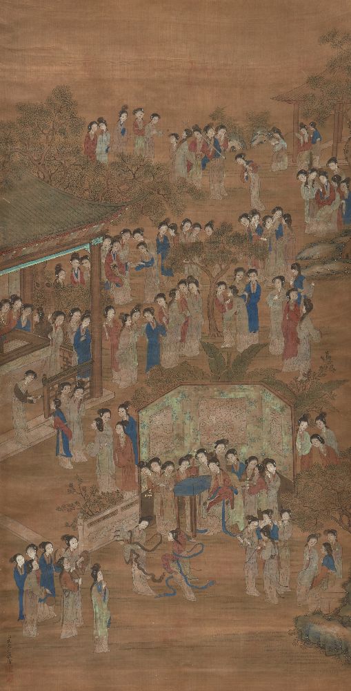 19th century Chinese School, ink and colour on silk, hanging scroll, ladies at leisure in a garden