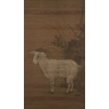 19th century Chinese School, ink and colour on silk, hanging scroll, study of a goat, three seals,