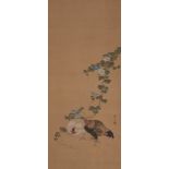 19th century Japanese School, ink and colour on silk, hanging scroll, study of cockerels and