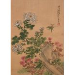 20th century Chinese School, ink and colour on silk, studies of flowers and insects, 36cm x