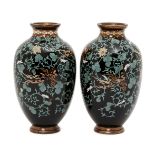 A pair of Japanese cloisonné enamel vases, Meiji period, decorated with ho-o birds against scrolling