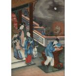 A Chinese reverse glass painting, 19th century, depicting three figures on a terrace, 49cm x 34cm,