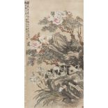 20th century Chinese School, ink and colour on paper, hanging scroll, study of two cats on