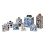 Eight various Chinese porcelain tea caddies, 18th century-20th century, painted in underglaze