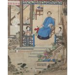 19th century Chinese School, ink and gouache on paper, hanging scroll, court lady seated in front of