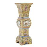 A Chinese porcelain altar vase, fang gu, 19th century, the square-sectioned body painted in