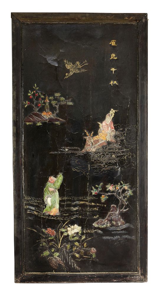 A set of four Chinese hardwood framed black lacquer and hardstone inset panels, late Qing dynasty, - Image 2 of 5