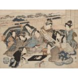 Utagawa Toyokuni, Japanese 1769-1825, A court scene depicting The Seven Sages, surimono woodblock