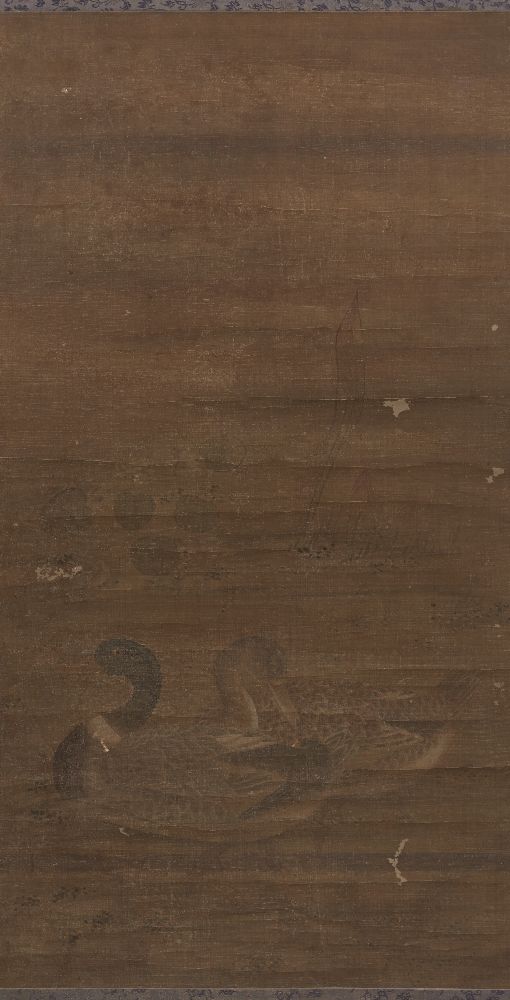 17th century Chinese School, ink and colour on silk, hanging scroll, two ducks in a lotus pond,