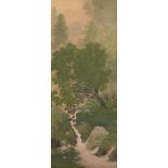 20th century Japanese School, ink and colour on silk, stream within a wooded landscape, signed and