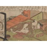 Isoda Koryusai, Japanese 1735-1790, amorous couple beside an ornate screen, c. 1770s, shunga