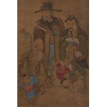 19th century Chinese School, ink and colour on silk, hanging scroll, study of the Sanxing, Fu, Lu,