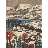 Hide Kawanishi, Japanese 1894-1965, Snow at the Lakeside, 1942, sealed Nishi, woodblock print in