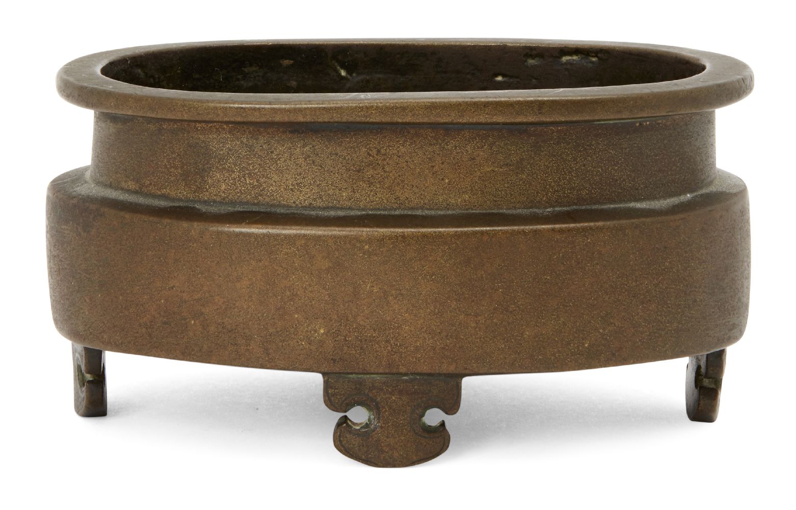 A Chinese bronze oval censer, 18th century, raised on four ruyi-form feet, apocryphal Xuande mark to