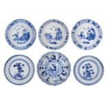 Six Chinese porcelain small dishes, 18th century, each painted in underglaze blue, three with a