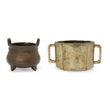 Two Chinese bronze censers, late Qing dynasty, one of quatrilobe form with two applied handles, 16cm