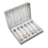 A cased set of six Chinese silver teaspoons, mid-20th century, with auspicious characters to finials