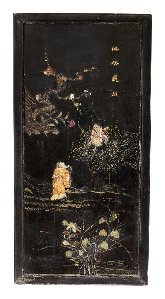 A set of four Chinese hardwood framed black lacquer and hardstone inset panels, late Qing dynasty, - Image 3 of 5