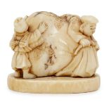A Japanese ivory netsuke, Meiji period, carved as two men climbing over a giant sack, signed Masa,