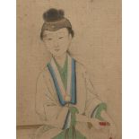 A Chinese painting on silk, late 19th century, depicting a seated lady holding a sword, 17cm x 14.