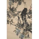 20th century Chinese School, ink and colour on paper, bird perched on flowering branch, artist's