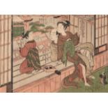 Isoda Koryusai, Japanese 1735-1790, amorous couple on the veranda, c. 1770s, from the shunga album