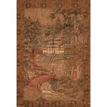 Japanese embroidered wall hanging, 19th century, depicting a spectacular mountain shrine, 183 x