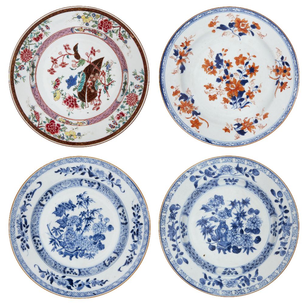 Four Chinese export porcelain plates, 18th century, two painted in underglaze blue, one painted in