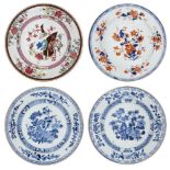 Four Chinese export porcelain plates, 18th century, two painted in underglaze blue, one painted in