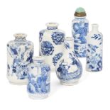 Six Chinese porcelain snuff bottles, 18th and 19th century, each painted in underglaze blue, one