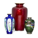Three Japanese ginbari cloisonné vases, Meiji period, comprising a large Akasuke bamboo design,