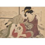 Kitagawa Utamaro, Japanese 1753-1806, couple with a shamisen, shunga woodblock print in colours,