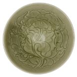 A Chinese grey stoneware Yaozhou style celadon conical bowl, 20th century, carved to the interior