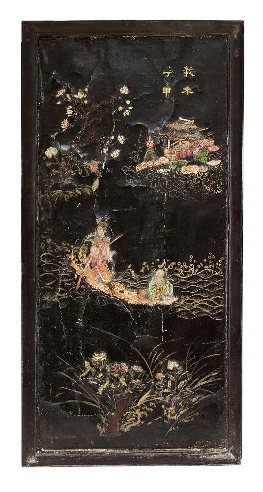 A set of four Chinese hardwood framed black lacquer and hardstone inset panels, late Qing dynasty, - Image 5 of 5