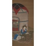 19th century Chinese School, ink and colour on silk, hanging scroll, lady seated inscribing a