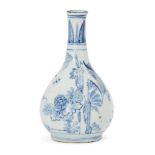 A Chinese porcelain small bottle vase, Ming dynasty, 17th century, painted in underglaze blue with a