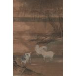 YANG WEIHAN (18th century), ink and colour on silk, hanging scroll, three celestial rams, artist's