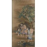 19th century Chinese School, ink and colour on silk, study of a farmer with two boys, in substantial