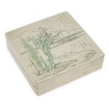 A Chinese paktong square ink box, early 20th century, incised to the cover with a scholar in a