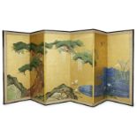 19th century Japanese School, ink and colour on paper, six-panel screen, landscape with wisteria and