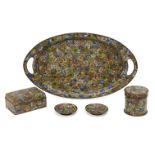 A Chinese cloisonné five-piece dressing table set, early 20th century, comprising tray, 42cm wide,