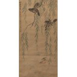 20th century Chinese School, ink and colour on silk, hanging scroll, kingfisher beneath three